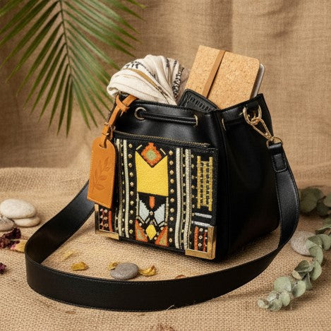 Green Hermitage Nora Vegan Leather Embroidered Sling Bag - Black