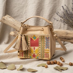 Green Hermitage Nora Vegan Leather Embroidered Sling Bag - Almond