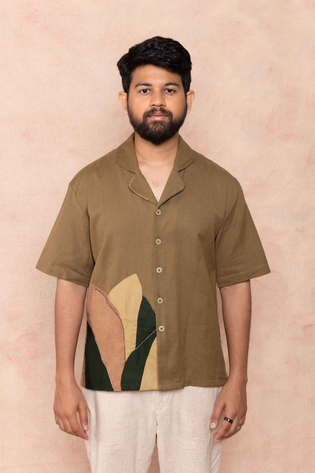 Green Half Shirt with Cuban Collar and handwork detail
