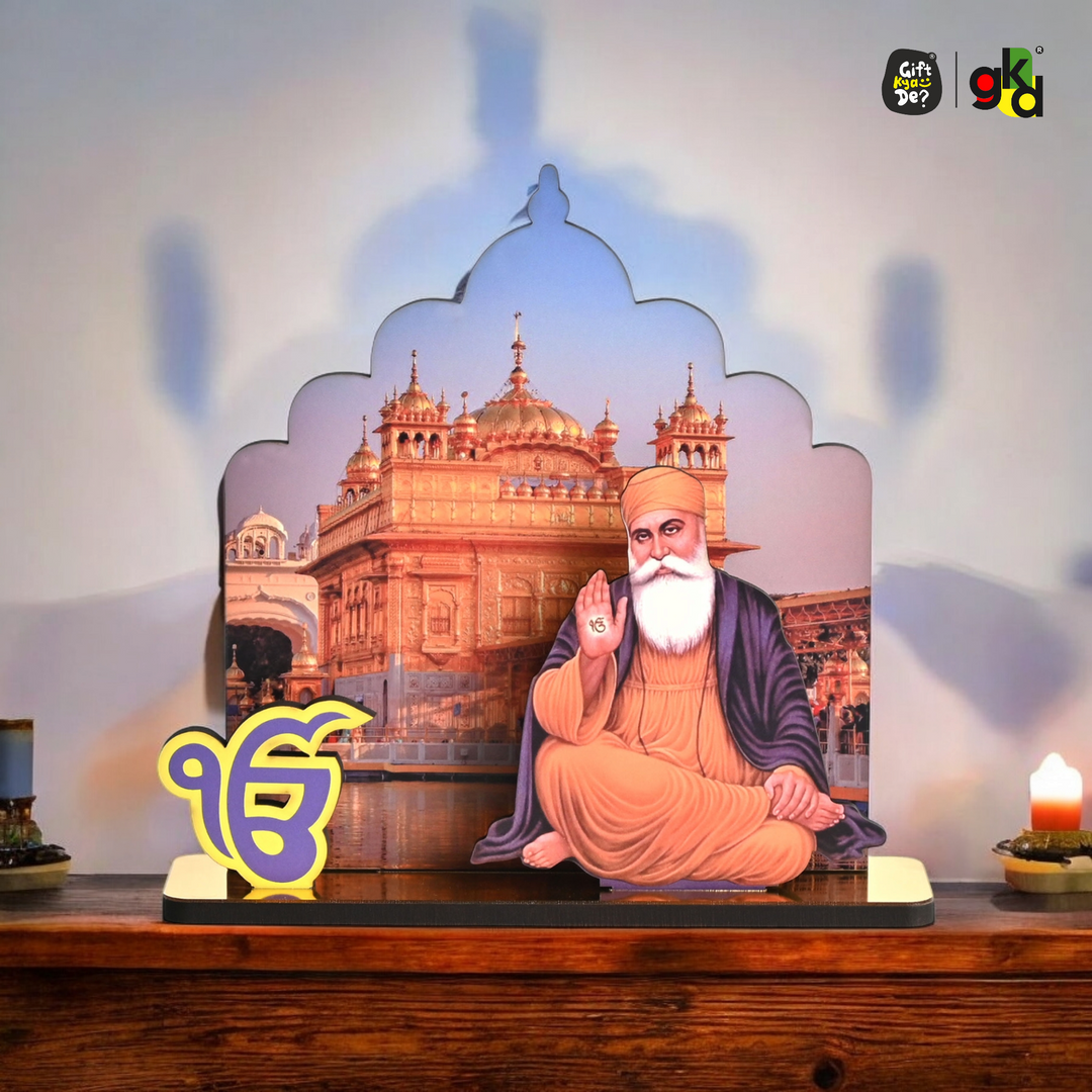 Gift Kya De Guru Nanak Dev Ji & Guru Gobind Singh Ji Wooden Table Top Idols with Golden Temple Background | Spiritual Decor for Home & Office | Sikh Religious Gift