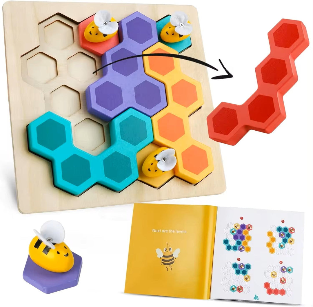 Wudly - Wooden Bee Puzzle Game, Brain Teasers Logic Game Learning Toys Matching Puzzle,  Beehive Puzzle Board Games Montessori Educational Toy for 3+ Years Kids, Multi Colors, Child Safe Certified