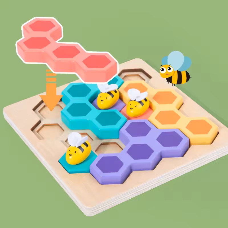 Wudly - Wooden Bee Puzzle Game, Brain Teasers Logic Game Learning Toys Matching Puzzle,  Beehive Puzzle Board Games Montessori Educational Toy for 3+ Years Kids, Multi Colors, Child Safe Certified