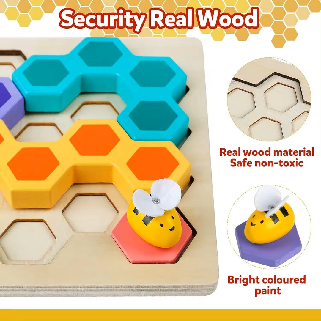 Wudly - Wooden Bee Puzzle Game, Brain Teasers Logic Game Learning Toys Matching Puzzle,  Beehive Puzzle Board Games Montessori Educational Toy for 3+ Years Kids, Multi Colors, Child Safe Certified