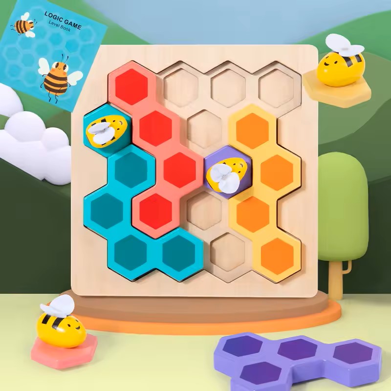Wudly - Wooden Bee Puzzle Game, Brain Teasers Logic Game Learning Toys Matching Puzzle,  Beehive Puzzle Board Games Montessori Educational Toy for 3+ Years Kids, Multi Colors, Child Safe Certified