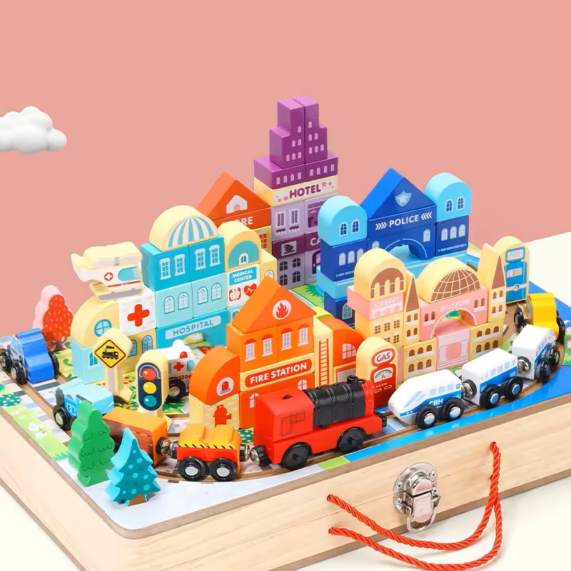 Wudly - Wooden Building Blocks Set, Electric Train City Construction Stacking Blocks Preschool Learning Educational Toys,Wooden Take-Along Tabletop Railroad Play Set for 3+ Years old kids, Child Safe Certified, Multi colors.