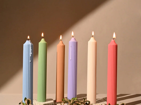 Pravaah Ribbed Tall Candles | Unscented Soy wax | Available in assorted Colors | Set of 2