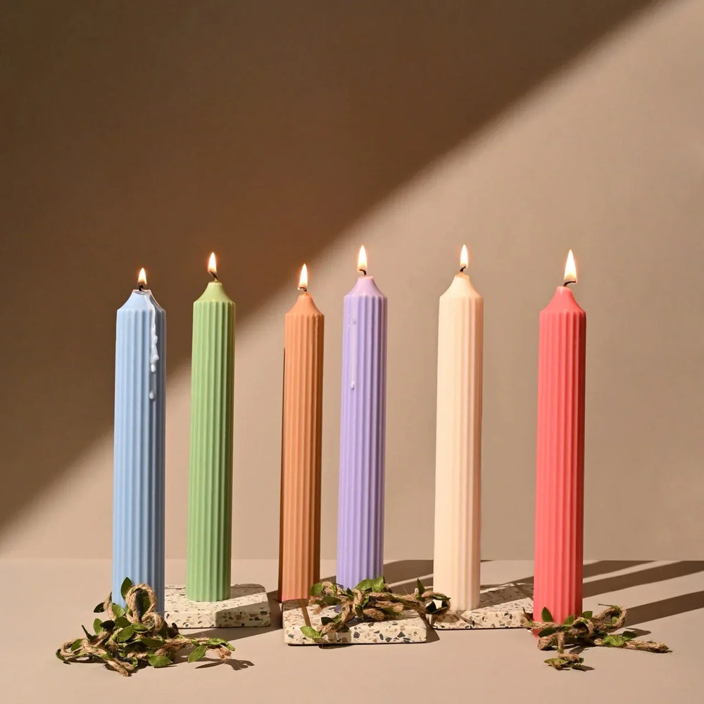 Pravaah Ribbed Tall Candles | Unscented Soy wax | Available in assorted Colors | Set of 2