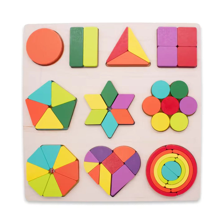Wudly - Wooden Shapes Puzzle Learning Toy, Montessori Game Educational Toys, Intelligence Brain Teaser Puzzle Board With 10 Designer Shapes,(set of 54 pcs), 3+ Years, Chid Safe Certified, Multi colors.