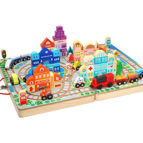 Wudly - Wooden Building Blocks Set, Electric Train City Construction Stacking Blocks Preschool Learning Educational Toys,Wooden Take-Along Tabletop Railroad Play Set for 3+ Years old kids, Child Safe Certified, Multi colors.