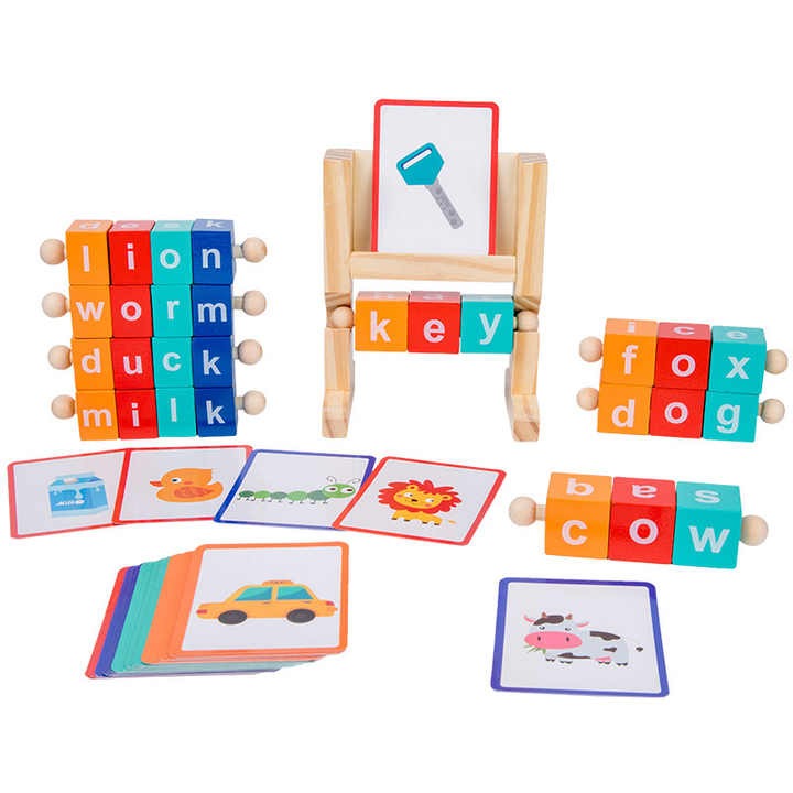 Wudly - Wooden Spelling Words Game , Spinning Wooden Phonics Toys, Spelling and Reading Blocks, Spelling Games, Alphabet Wordcraft Toy with CVC Flashcards, Educational Toys For 3+ Years Kids, Multi Colors, Child Safe Certified