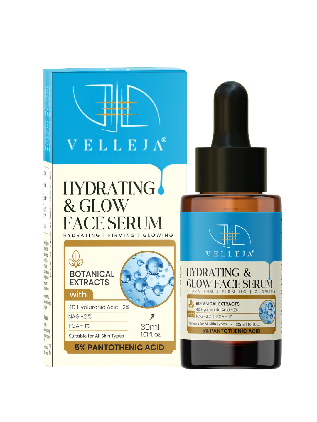 Velleja Hyaluronic Acid Hydrating & Glow Face Seruml48-Hour Moisture Lock Plumping, Firming & Lightweight Serum for Extra Dry Skin