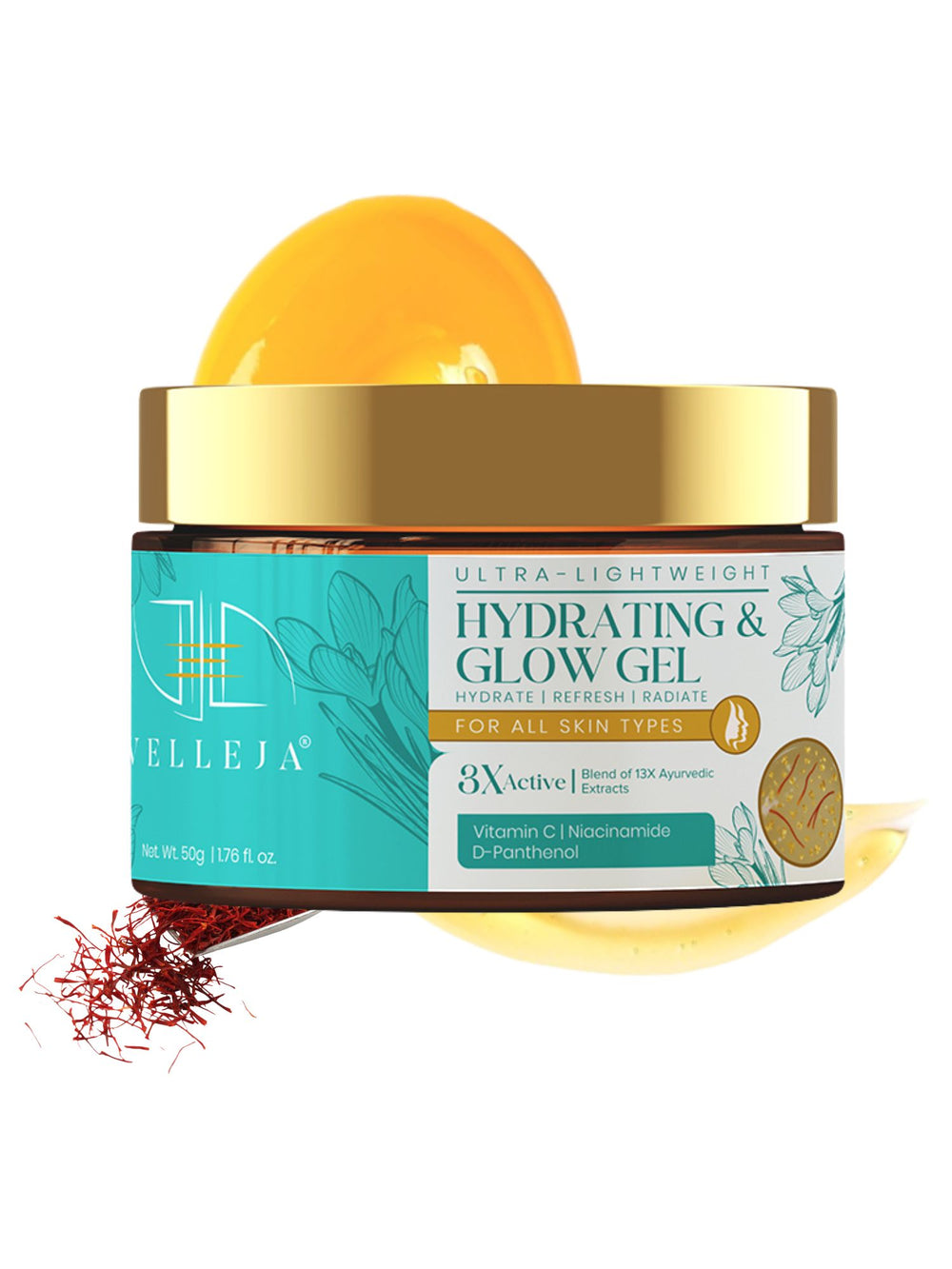 Velleja Ultra-Lightweight Hydrating & Glow Gel with Vitamin C, Bakuchiol, Gold Leaf & Saffron