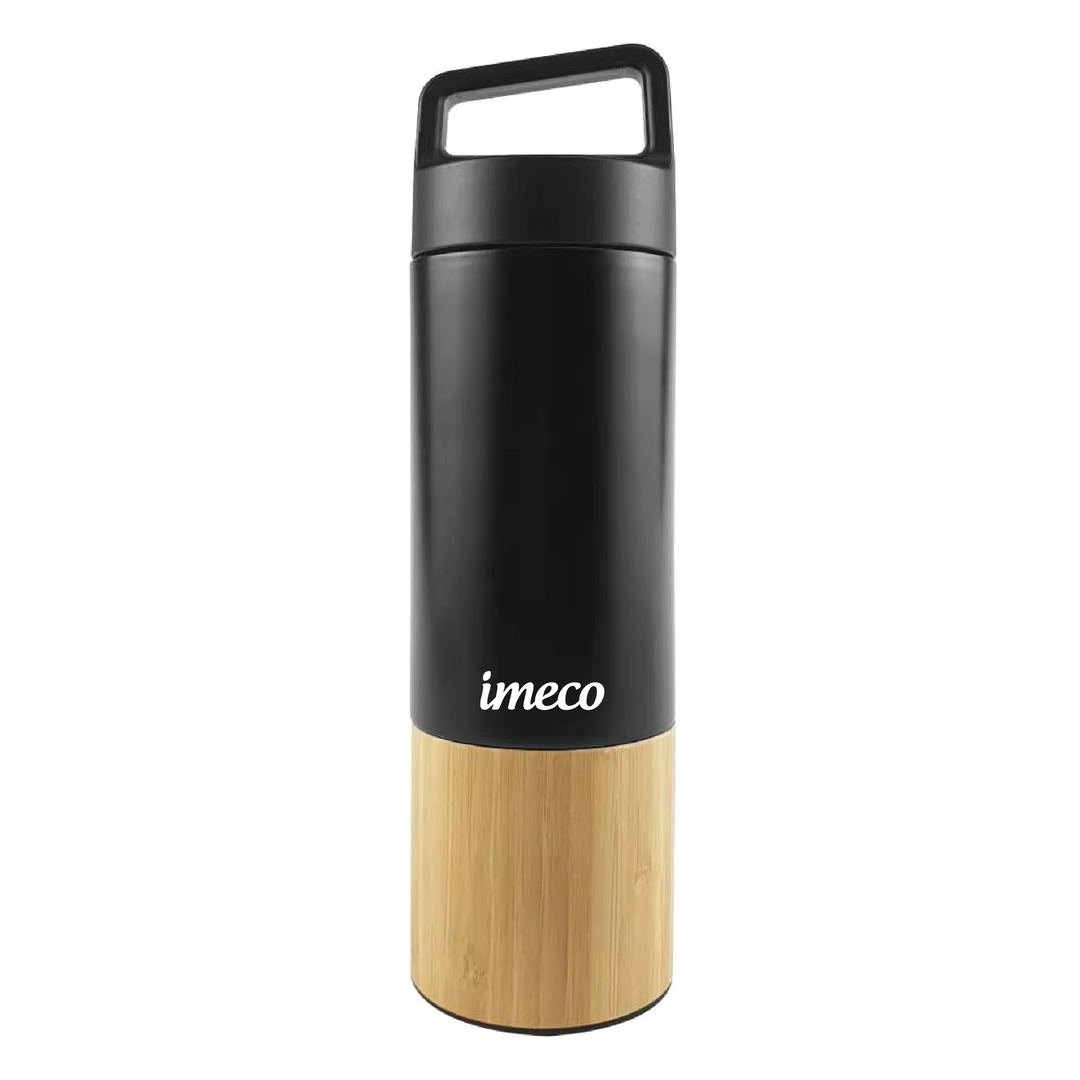 IMECO ECO-EDGE Bamboo Thermos Water Bottle - 24H Hot & Cold, Leakproof & Insulated 600 ml