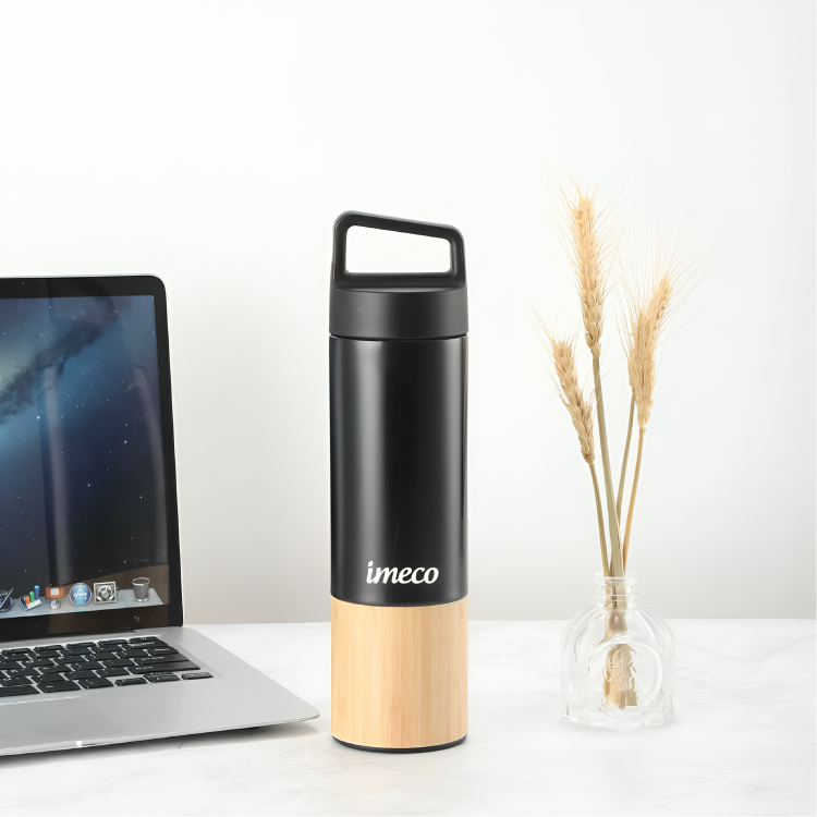 IMECO ECO-EDGE Bamboo Thermos Water Bottle - 24H Hot & Cold, Leakproof & Insulated 600 ml