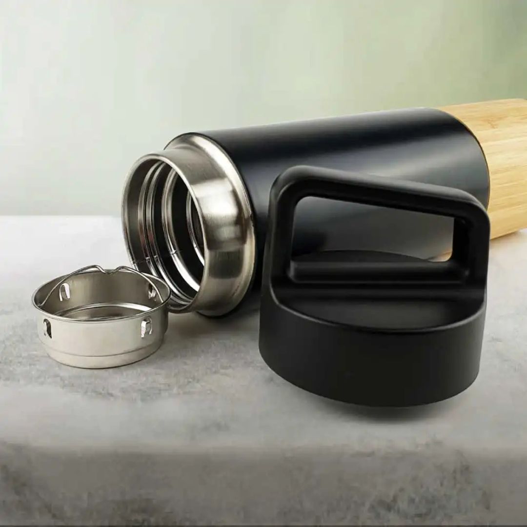 IMECO ECO-EDGE Bamboo Thermos Water Bottle - 24H Hot & Cold, Leakproof & Insulated 600 ml