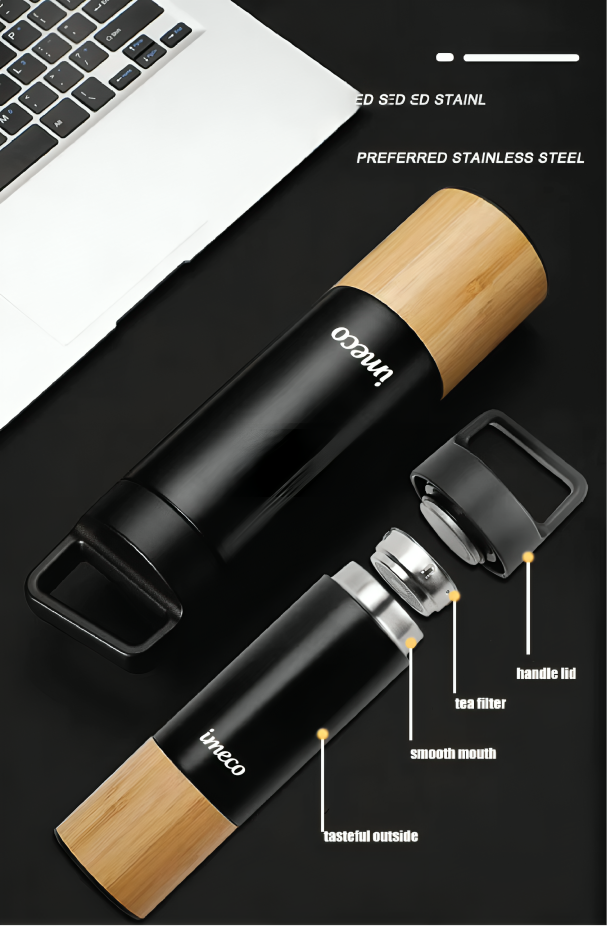 IMECO ECO-EDGE Bamboo Thermos Water Bottle - 24H Hot & Cold, Leakproof & Insulated 600 ml