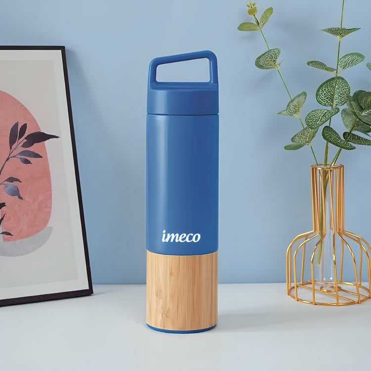 IMECO ECO-EDGE Bamboo Thermos Water Bottle - 24H Hot & Cold, Leakproof & Insulated 600 ml