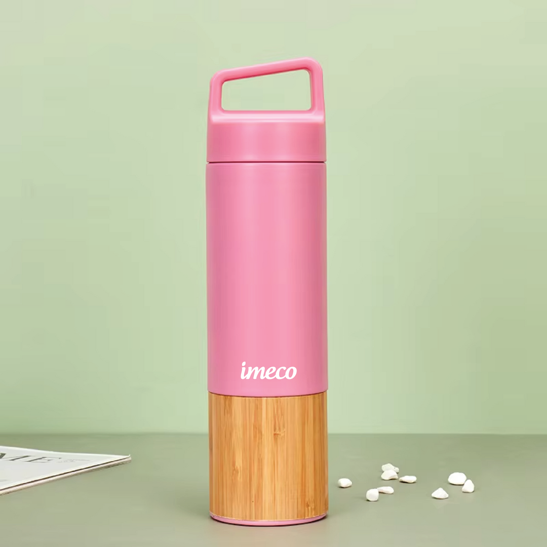 IMECO ECO-EDGE Bamboo Thermos Water Bottle - 24H Hot & Cold, Leakproof & Insulated 600 ml