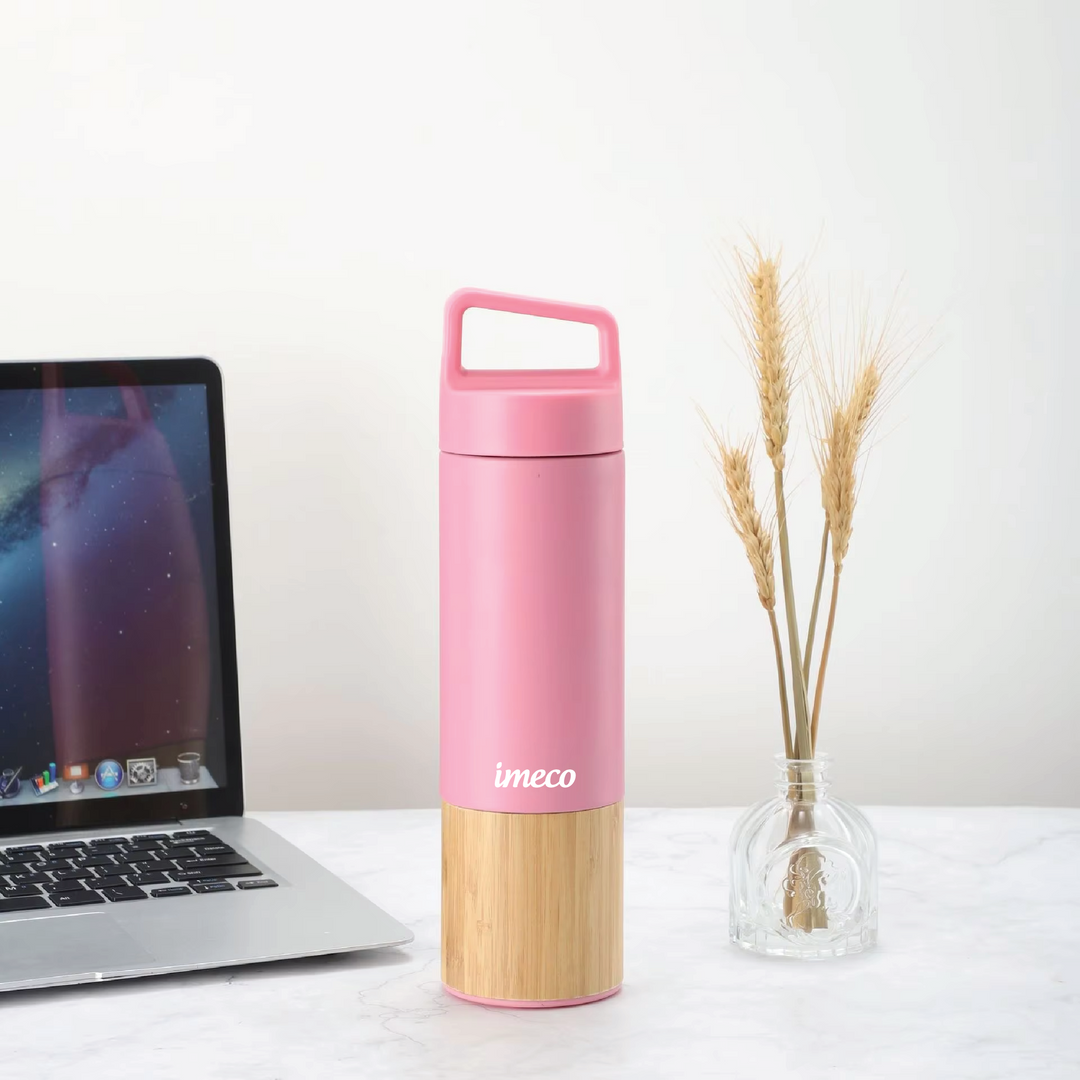 IMECO ECO-EDGE Bamboo Thermos Water Bottle - 24H Hot & Cold, Leakproof & Insulated 600 ml