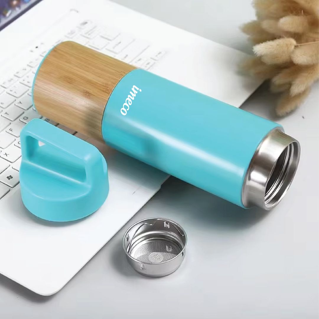 IMECO ECO-EDGE Bamboo Thermos Water Bottle - 24H Hot & Cold, Leakproof & Insulated 600 ml