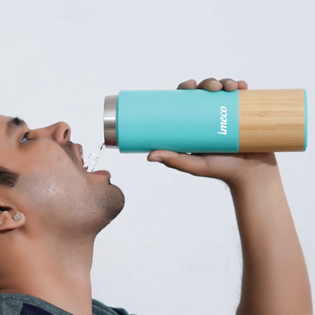 IMECO ECO-EDGE Bamboo Thermos Water Bottle - 24H Hot & Cold, Leakproof & Insulated 600 ml