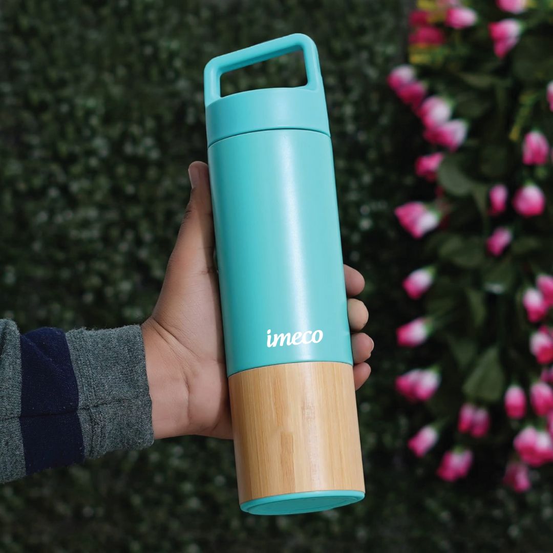 IMECO ECO-EDGE Bamboo Thermos Water Bottle - 24H Hot & Cold, Leakproof & Insulated 600 ml
