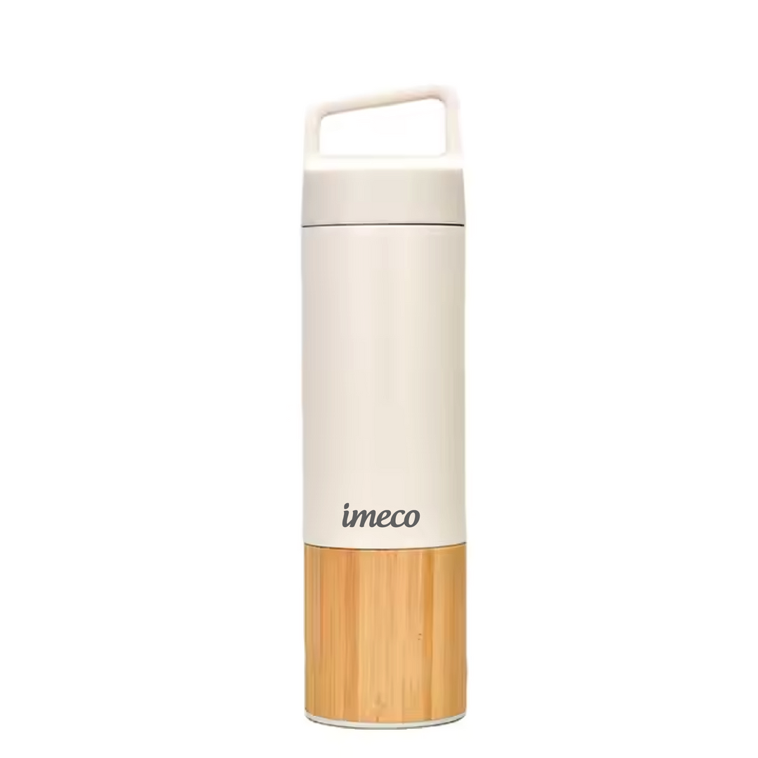 IMECO ECO-EDGE Bamboo Thermos Water Bottle - 24H Hot & Cold, Leakproof & Insulated 600 ml