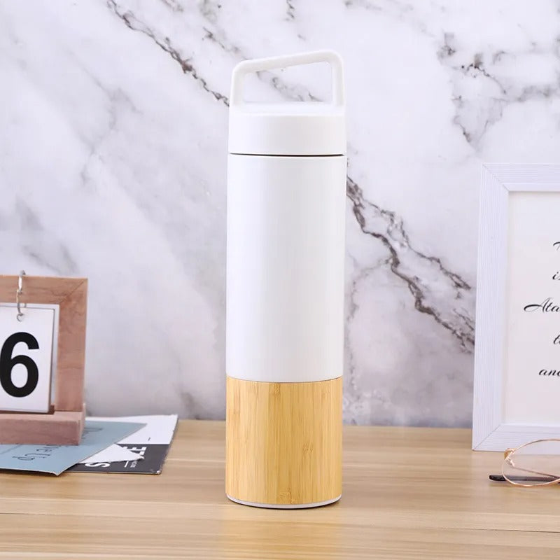 IMECO ECO-EDGE Bamboo Thermos Water Bottle - 24H Hot & Cold, Leakproof & Insulated 600 ml