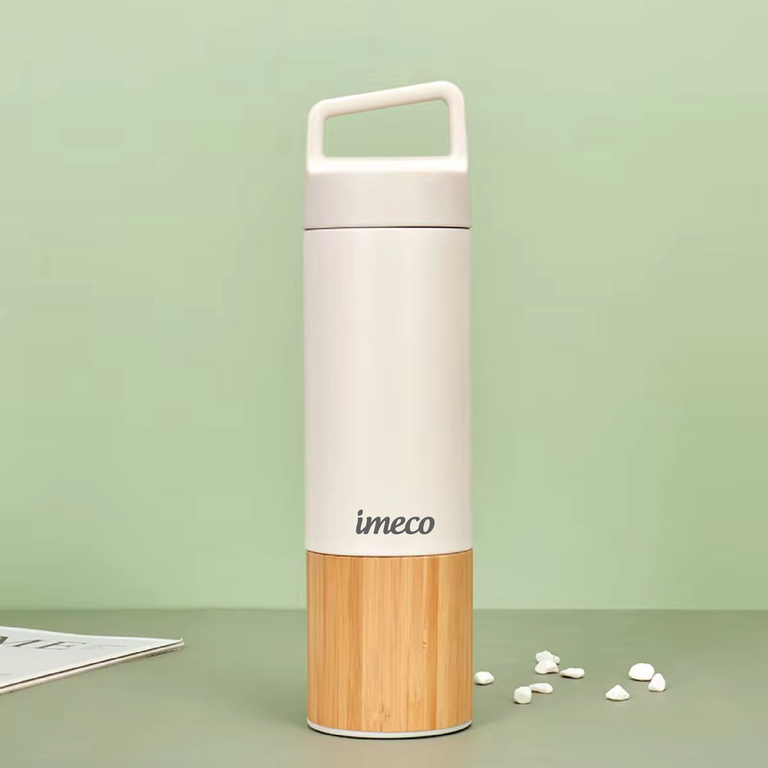 IMECO ECO-EDGE Bamboo Thermos Water Bottle - 24H Hot & Cold, Leakproof & Insulated 600 ml
