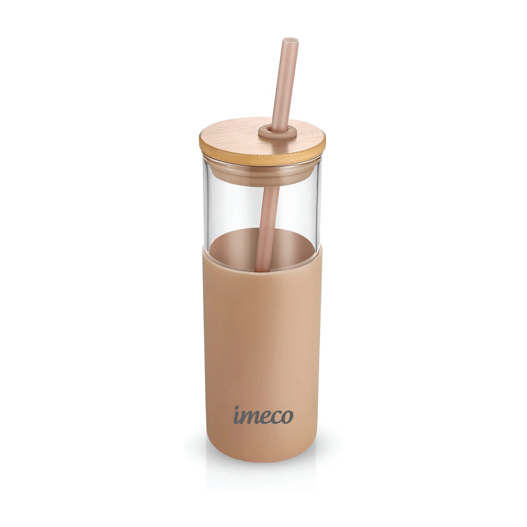 IMECO ECO-SIPPER Glass Sipper Bottle with Stylish Bamboo Lid & Straw - Leak & Sweat Proof 450 ml