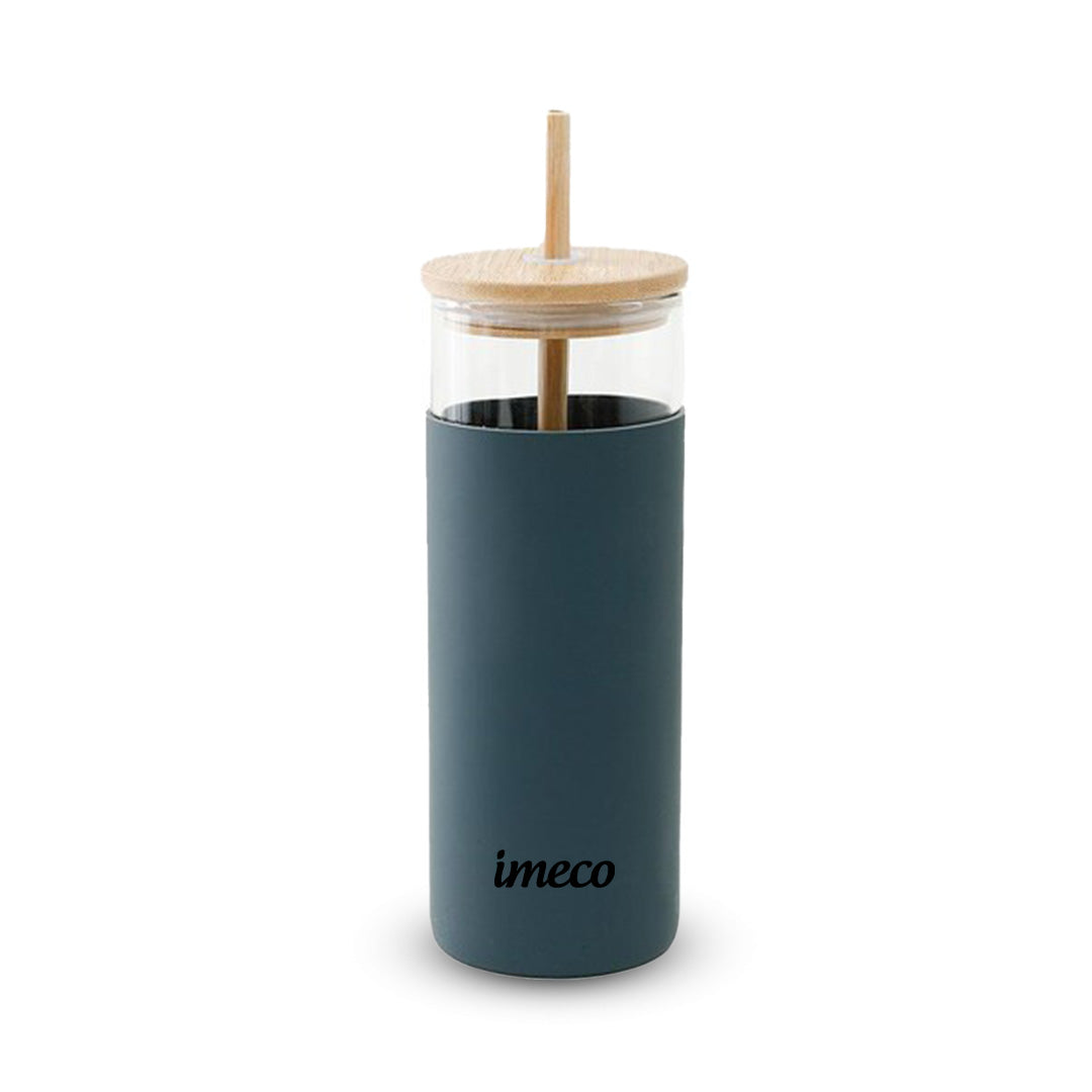 IMECO ECO-SIPPER Glass Sipper Bottle with Stylish Bamboo Lid & Straw - Leak & Sweat Proof 450 ml