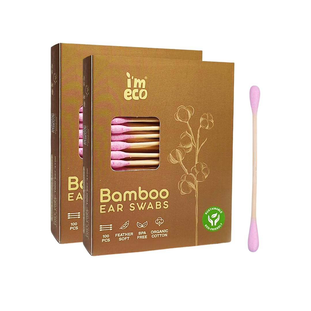 IMECO Natural Bamboo Cotton Swabs - 100 Soft Double-Tip Ear Swabs - Biodegradable & Gentle for Personal Care