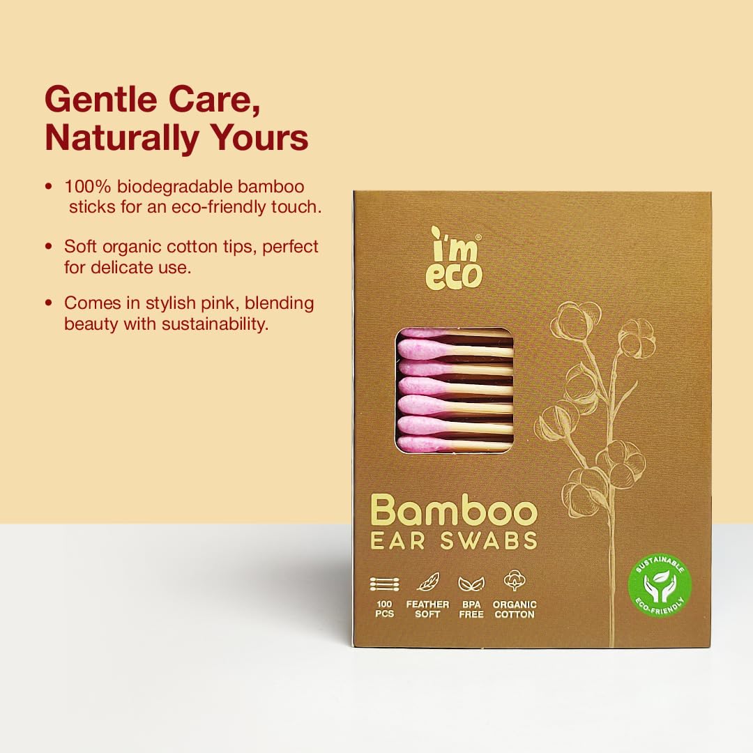 IMECO Natural Bamboo Cotton Swabs - 100 Soft Double-Tip Ear Swabs - Biodegradable & Gentle for Personal Care