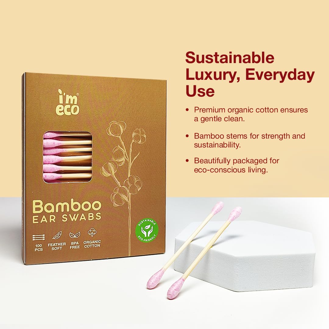 IMECO Natural Bamboo Cotton Swabs - 100 Soft Double-Tip Ear Swabs - Biodegradable & Gentle for Personal Care