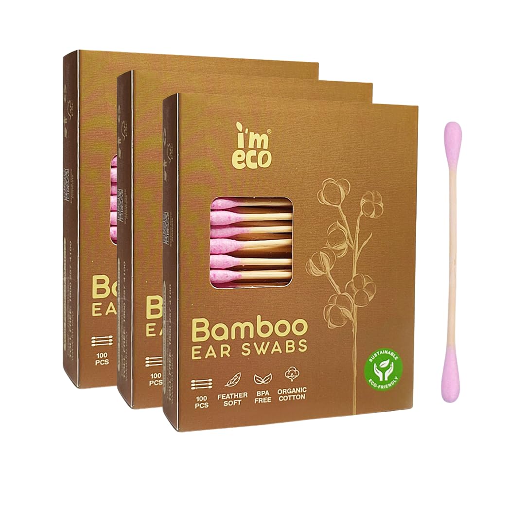 IMECO Natural Bamboo Cotton Swabs - 100 Soft Double-Tip Ear Swabs - Biodegradable & Gentle for Personal Care