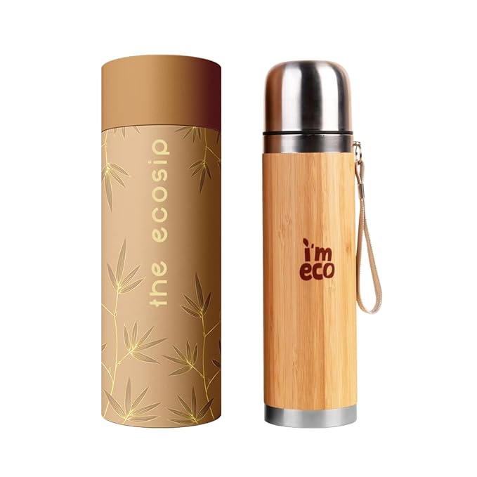 IMECO Bamboo Thermos Bottle - Stainless Steel Coated - Insulated Flask - 24 Hrs Hot & Cold Vacuum Flask - 450 ml