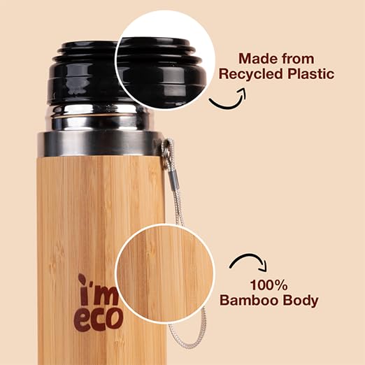 IMECO Bamboo Thermos Bottle - Stainless Steel Coated - Insulated Flask - 24 Hrs Hot & Cold Vacuum Flask - 450 ml