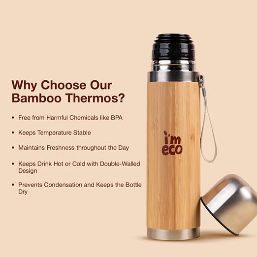 IMECO Bamboo Thermos Bottle - Stainless Steel Coated - Insulated Flask - 24 Hrs Hot & Cold Vacuum Flask - 450 ml