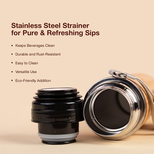 IMECO Bamboo Thermos Bottle - Stainless Steel Coated - Insulated Flask - 24 Hrs Hot & Cold Vacuum Flask - 450 ml