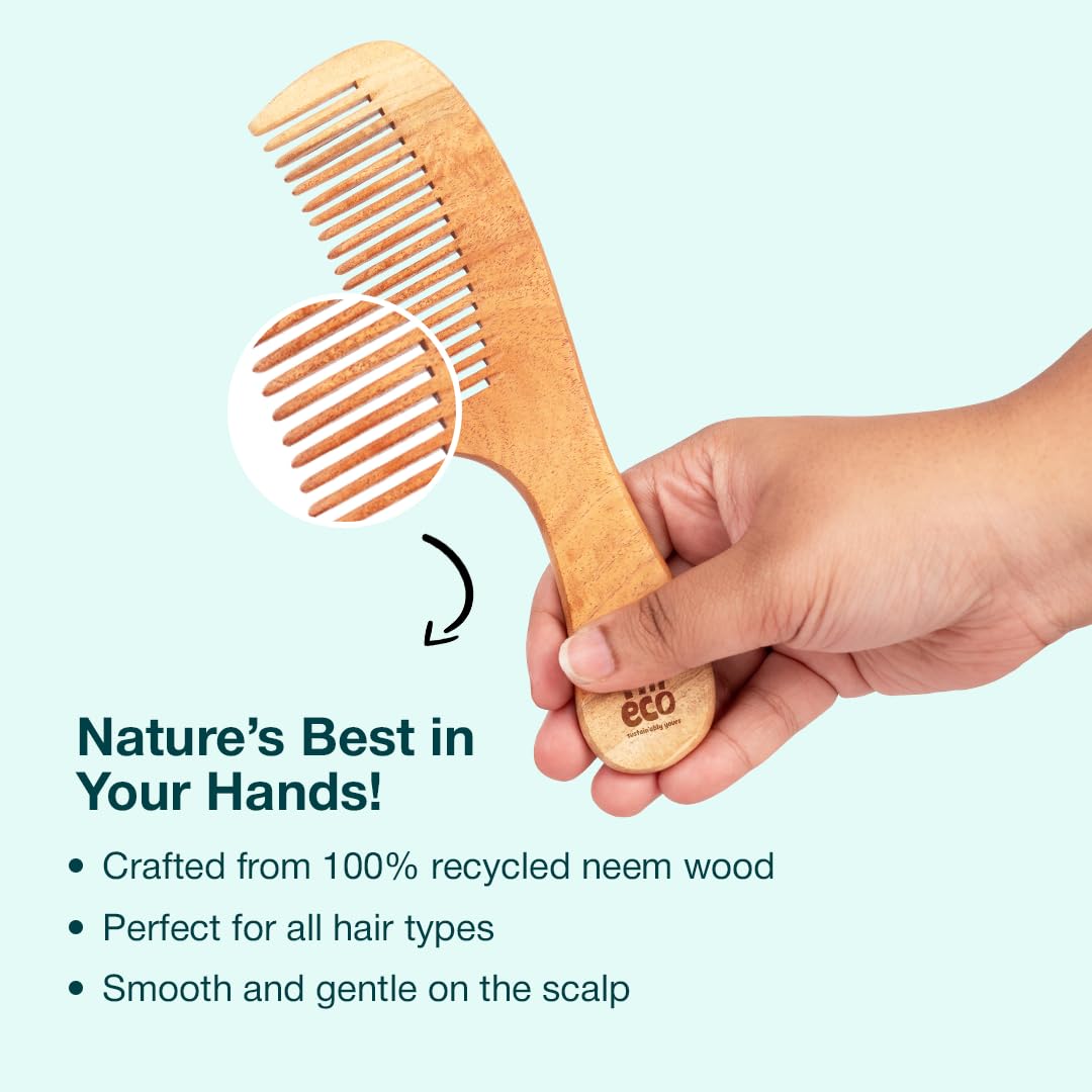 IMECO Oil Treated Neem Wood Dual Tooth Wide Tooth Comb and Bamboo Paddle brush Combo - Pack of 3