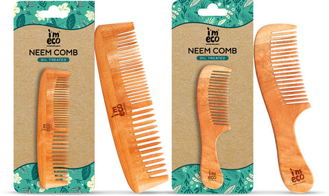 IMECO Oil Treated Neem Wood Dual Tooth  and Wide Tooth Comb Combo - Pack of 2