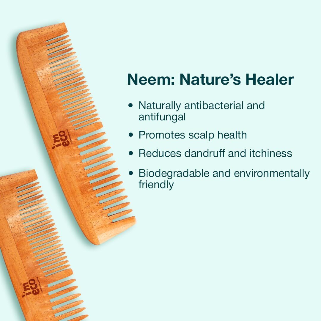 IMECO Oil Treated Neem Wood Dual Tooth  and Wide Tooth Comb Combo - Pack of 2