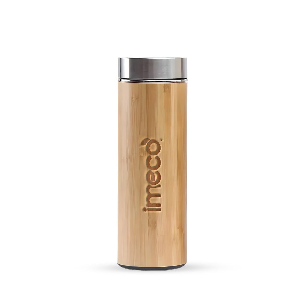 IMECO ECO-POUR Flat Head Bamboo Bottle with Stainless Steel Lid - Leakproof, Rust-Free, & BPA-Free - 450 ml