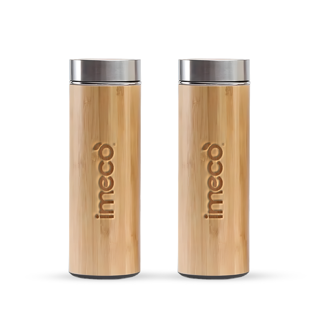 IMECO ECO-POUR Flat Head Bamboo Bottle with Stainless Steel Lid - Leakproof, Rust-Free, & BPA-Free - 450 ml