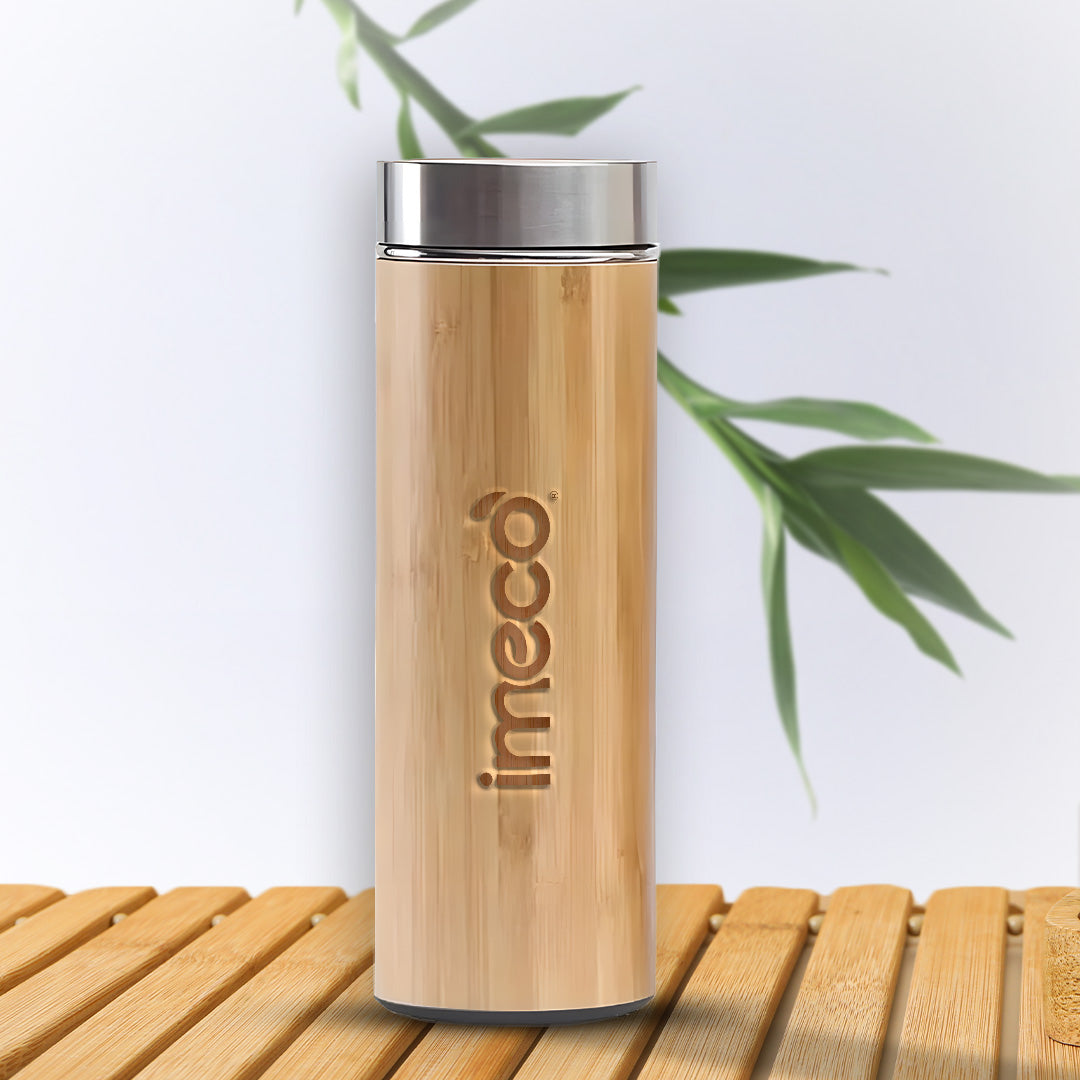 IMECO ECO-POUR Flat Head Bamboo Bottle with Stainless Steel Lid - Leakproof, Rust-Free, & BPA-Free - 450 ml