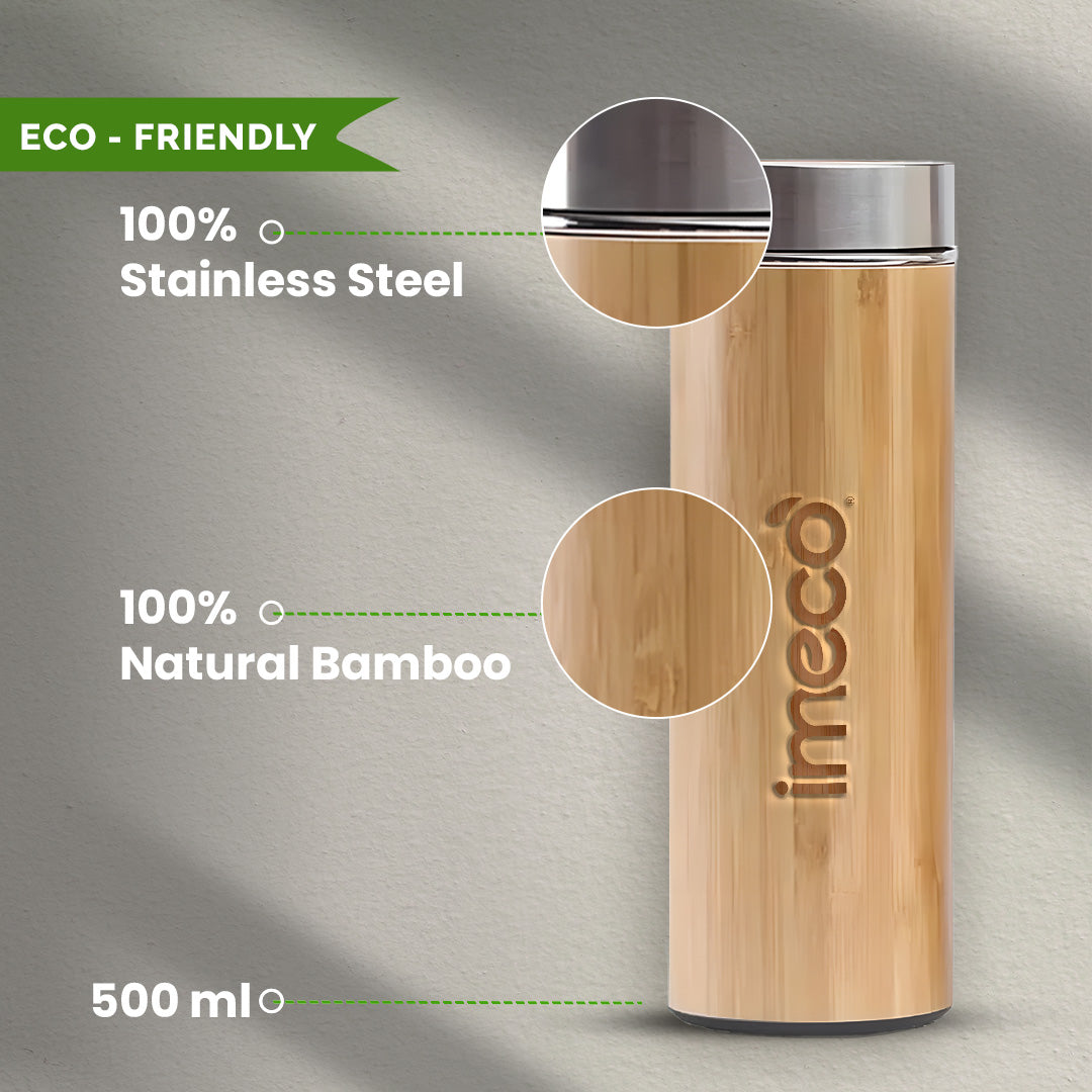 IMECO ECO-POUR Flat Head Bamboo Bottle with Stainless Steel Lid - Leakproof, Rust-Free, & BPA-Free - 450 ml