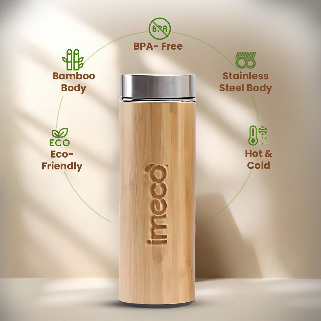 IMECO ECO-POUR Flat Head Bamboo Bottle with Stainless Steel Lid - Leakproof, Rust-Free, & BPA-Free - 450 ml
