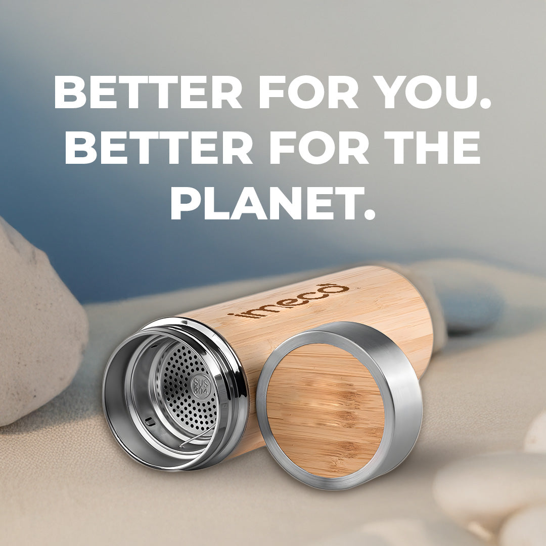 IMECO ECO-POUR Flat Head Bamboo Bottle with Stainless Steel Lid - Leakproof, Rust-Free, & BPA-Free - 450 ml