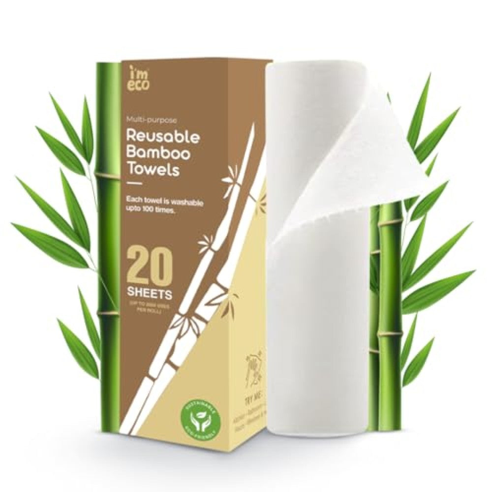IMECO Bamboo Reusable Kitchen Towel - 20 Ultra-Absorbent & Durable Sheets - Reusable up to 2000 Times Per Roll - Ideal for Cleaning & Wiping