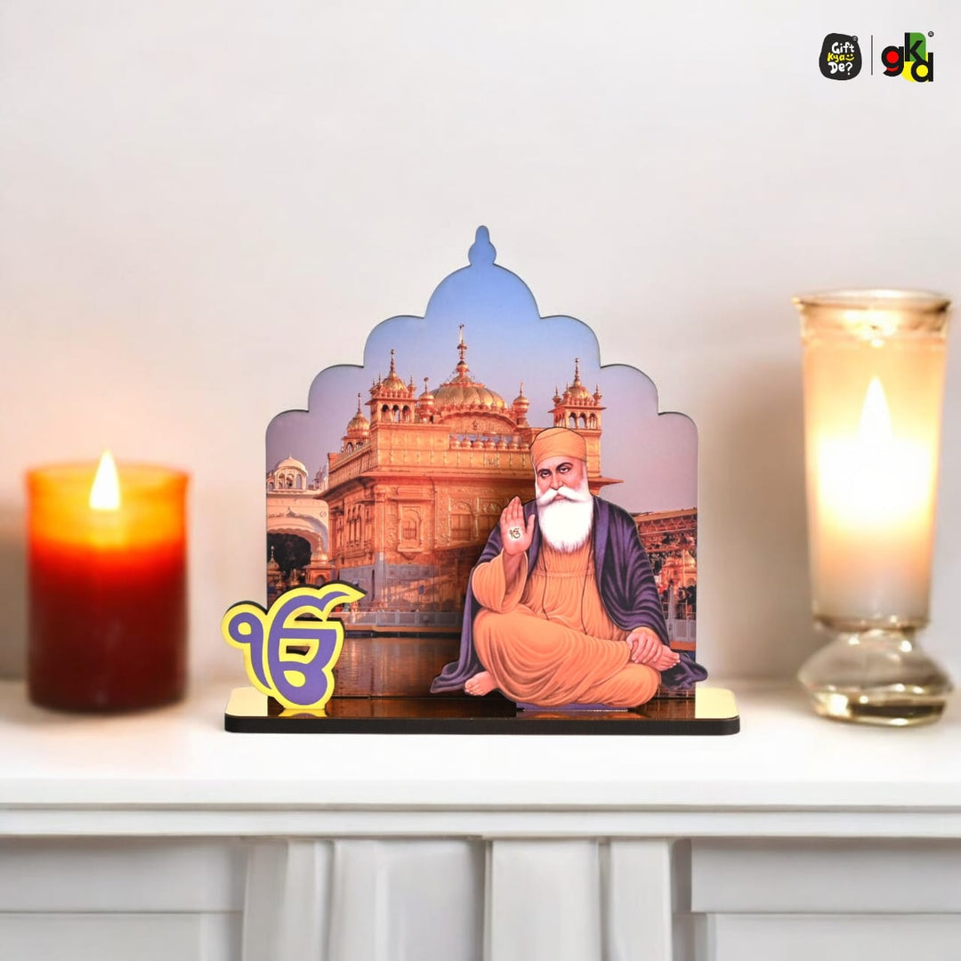 Gift Kya De Guru Nanak Dev Ji & Guru Gobind Singh Ji Wooden Table Top Idols with Golden Temple Background | Spiritual Decor for Home & Office | Sikh Religious Gift